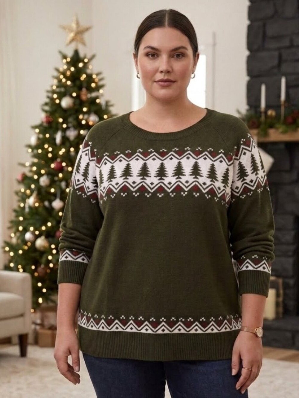 Retrology Women's Fair Isle Pine Tree Crewneck Christmas Sweater 2XL